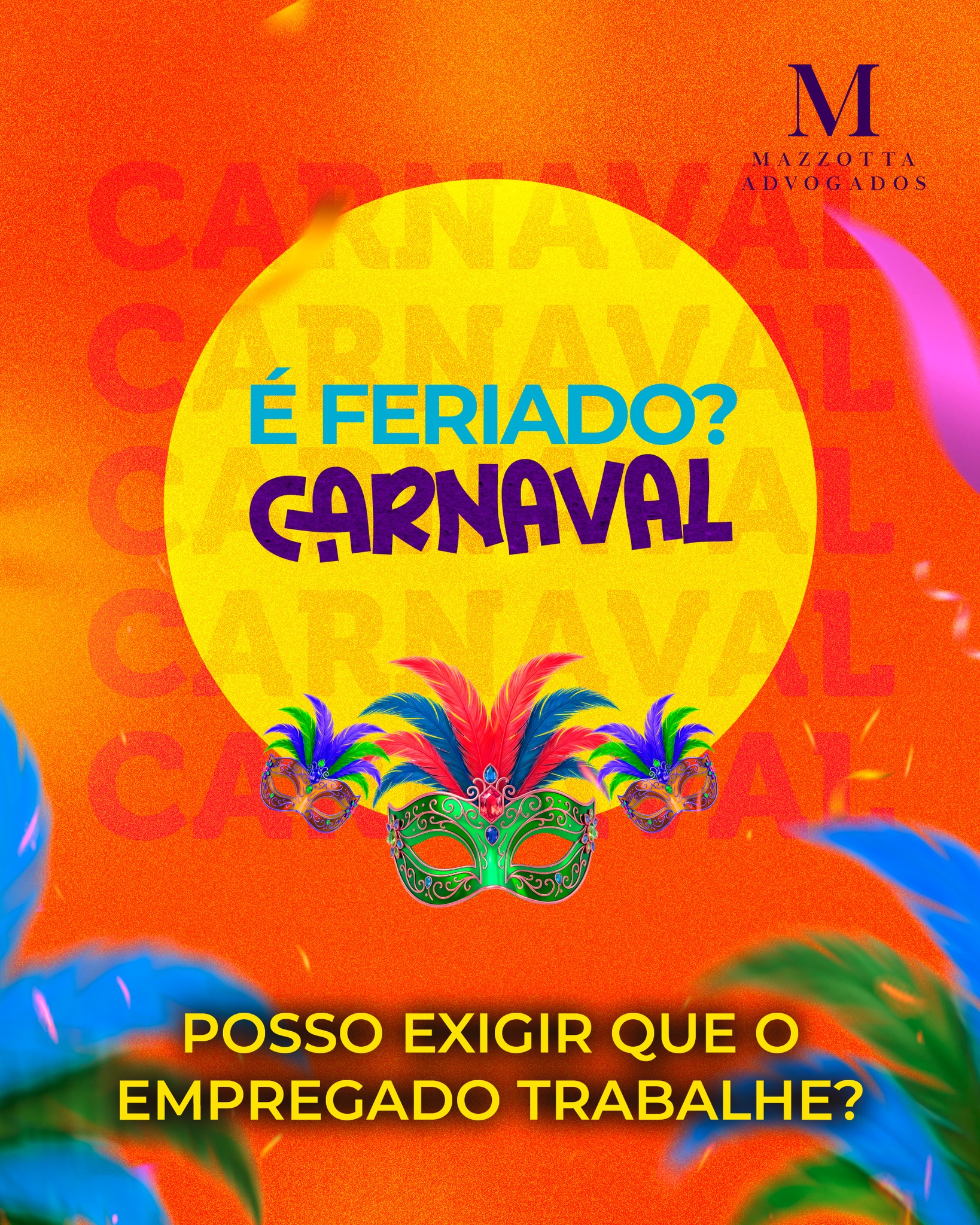 Carnaval é feriado? Descubra o que diz a lei! 🎭⚖️🎉Muita gente se surpreende, mas o Carnaval ❎NÃO é um feriado nacional. A Lei nº 10.607/2002, que elenca os feriados nacionais, não inclui os dias de folia em sua lista.🎊Então, como funciona❓🔴Lei Municipal: Só é considerado feriado se houver uma lei específica no seu município. Curiosidade: menos de 5% das cidades brasileiras possuem essa lei!🟠Iniciativa Privada: Para a maioria das empresas, conceder folga é uma liberalidade (escolha) do empregador, e não uma obrigação legal, a menos que esteja previsto em convenção coletiva ou acordo coletivo'.🟡Repartições Públicas: Geralmente declaram ponto facultativo, o que não se aplica automaticamente ao setor privado.🤔Na dúvida sobre como proceder com sua equipe ou seus direitos? Consulte sempre um especialista.#MazzottaAdvogados #DireitoDoTrabalho #Carnaval2026 #DicaJuridica #FeriadoOuNao