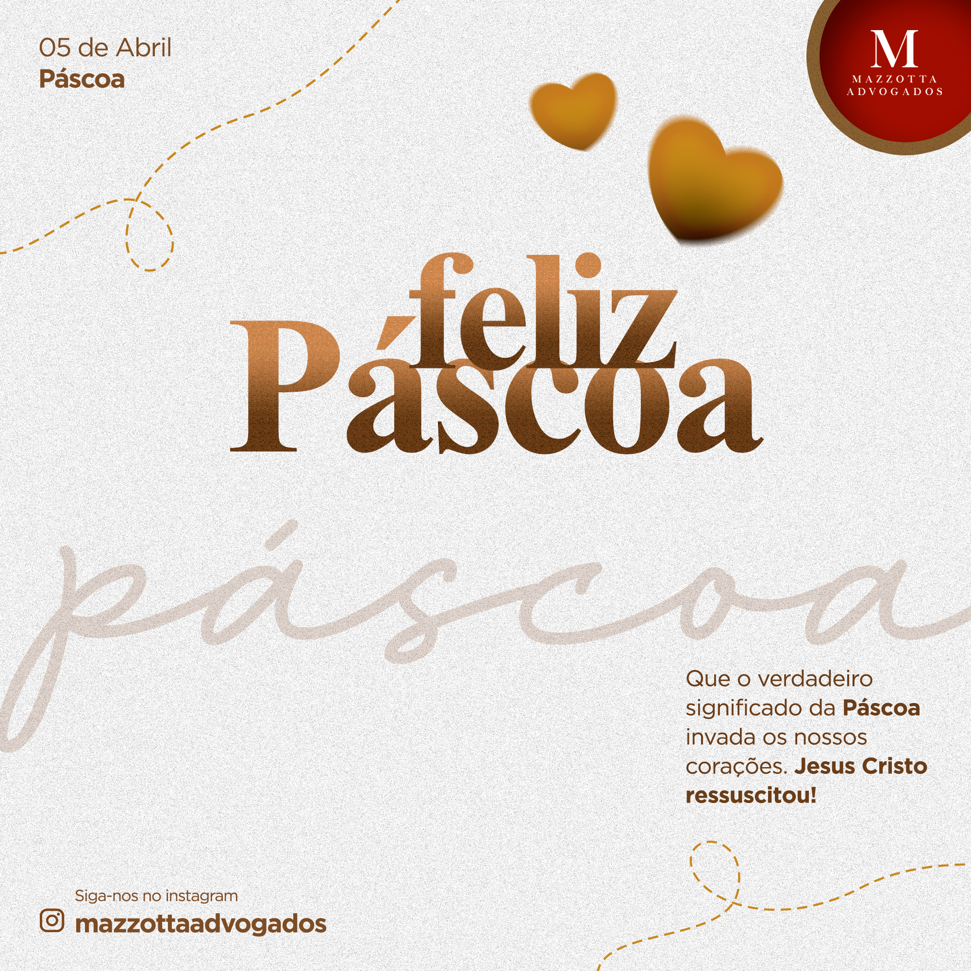Páscoa é tempo de renovar compromissos e fortalecer os laços de confiança. 🌱Na #Mazzota Advogados, acreditamos que a busca por justiça e equilíbrio nas relações de trabalho é o que nos move a cada novo ciclo. Que este domingo seja um momento de reflexão, união e, acima de tudo, esperança em dias melhores para todos os trabalhadores e empresas.Desejamos a todos os nossos clientes, parceiros e colaboradores uma Páscoa repleta de paz! 🕊️⚖️#MazzotaAdvogados #DireitoTrabalhista #Pascoa2026 #Justiça #Renovação